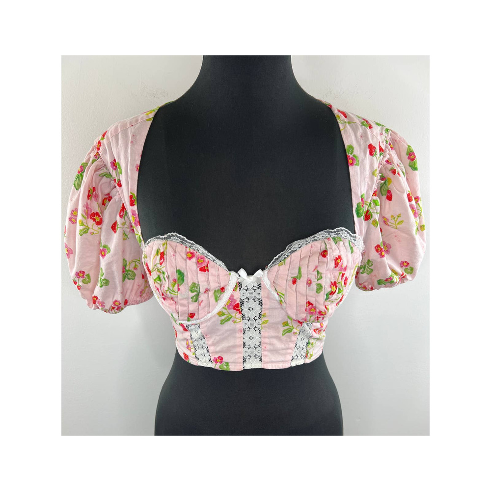 For Love & Lemons Strawberry Print Puff Sleeve Pink Celia Cropped Top M Medium